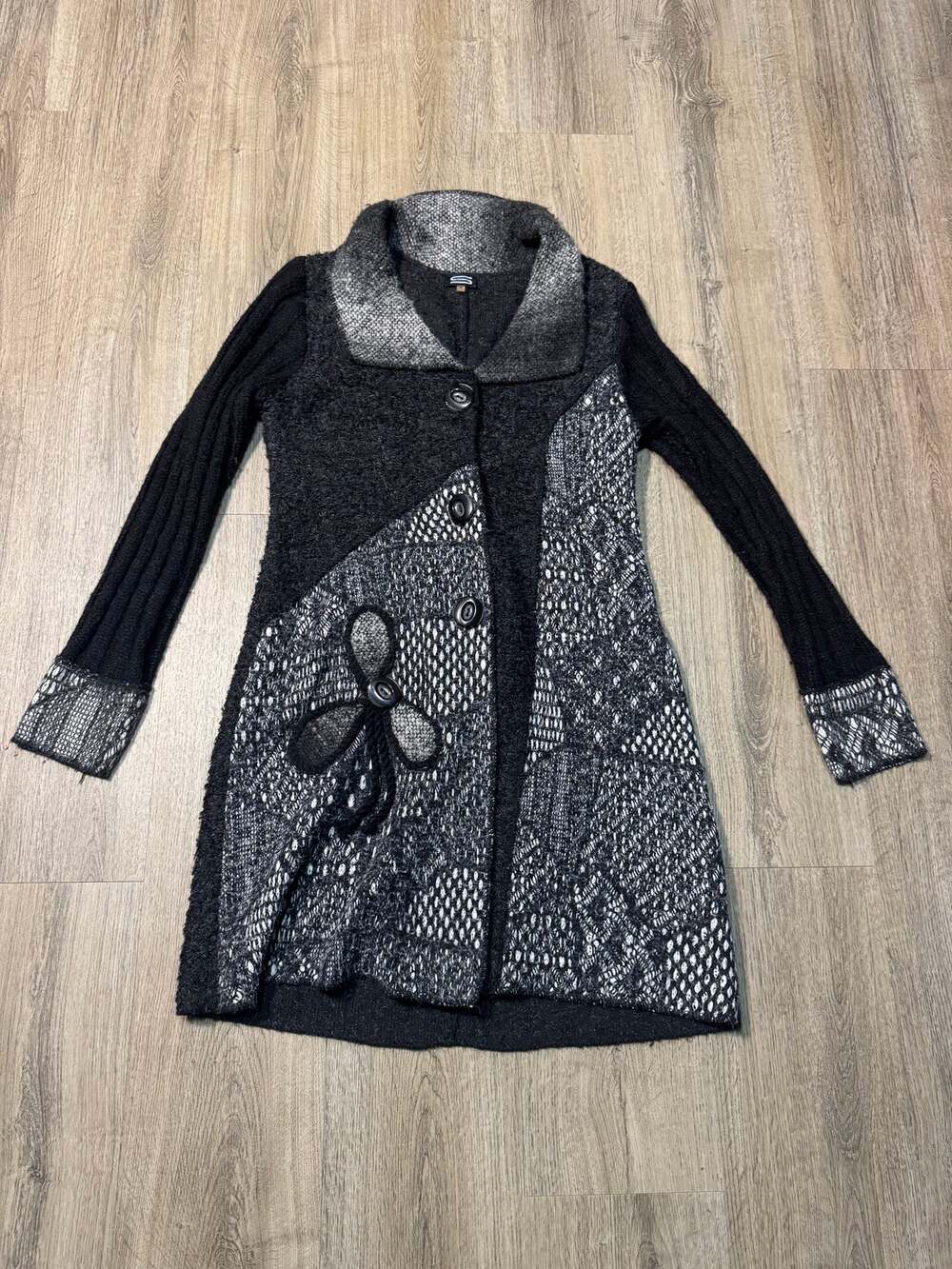 Sioni Women's Wool Blend Black & Gray Mixed-Knit Cardigan Sweater